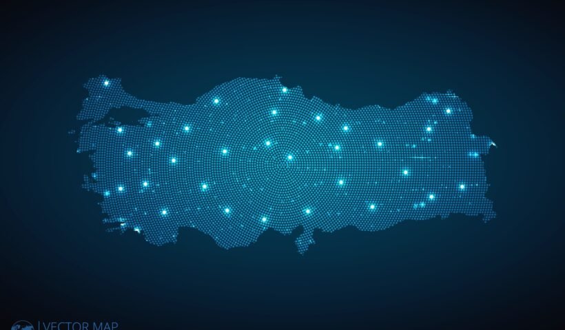 Türkiye'nin dijital bağlantı noktalarını temsil eden ışıklı harita illüstrasyonu