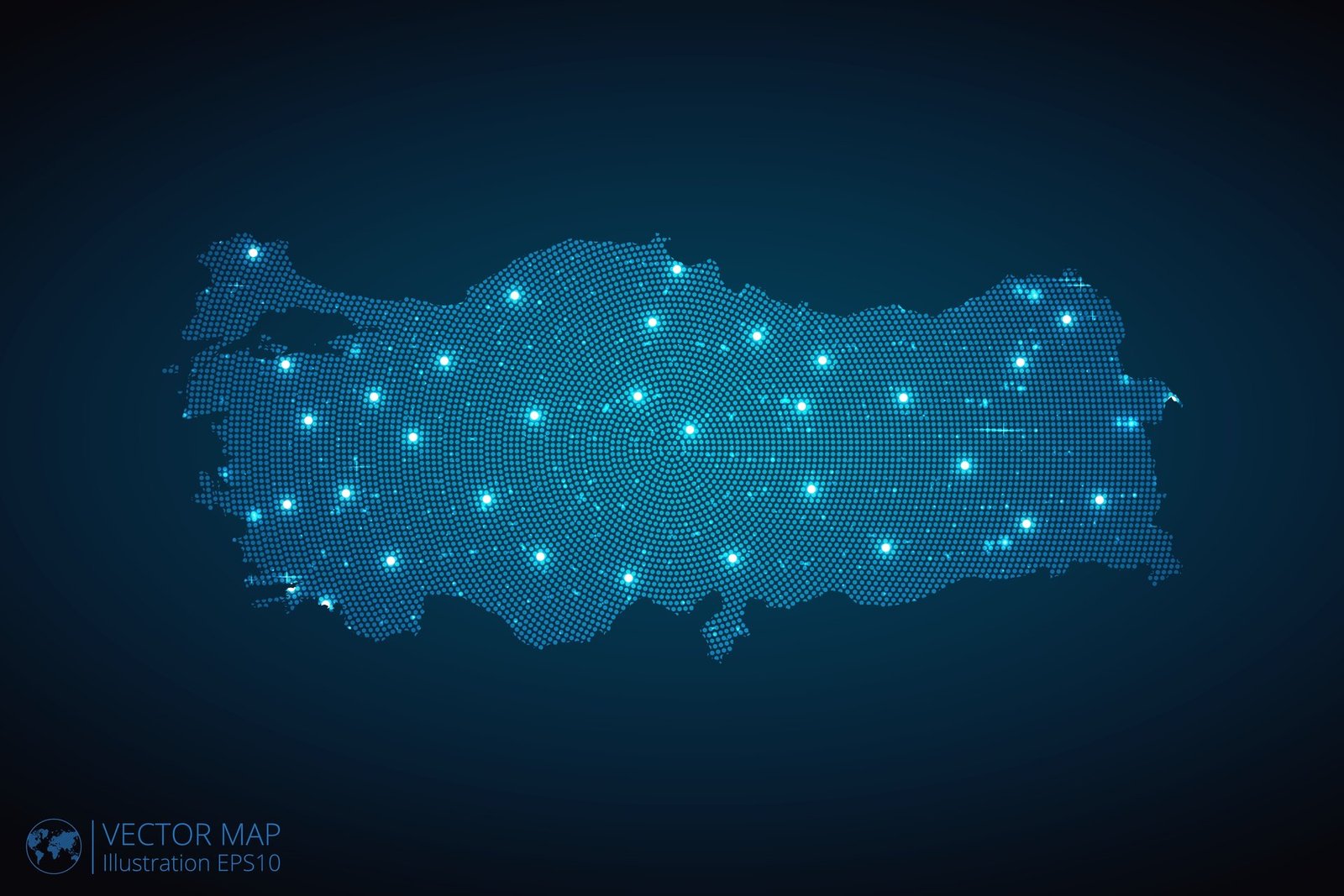 Türkiye'nin dijital bağlantı noktalarını temsil eden ışıklı harita illüstrasyonu