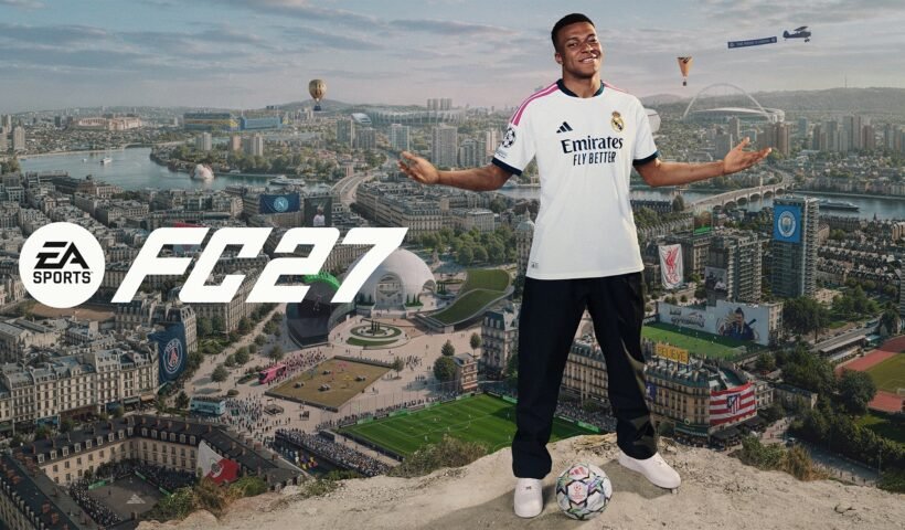 EA Sports FC 27'nin kapak görselinde bir futbolcu şehir manzarası önünde poz veriyor