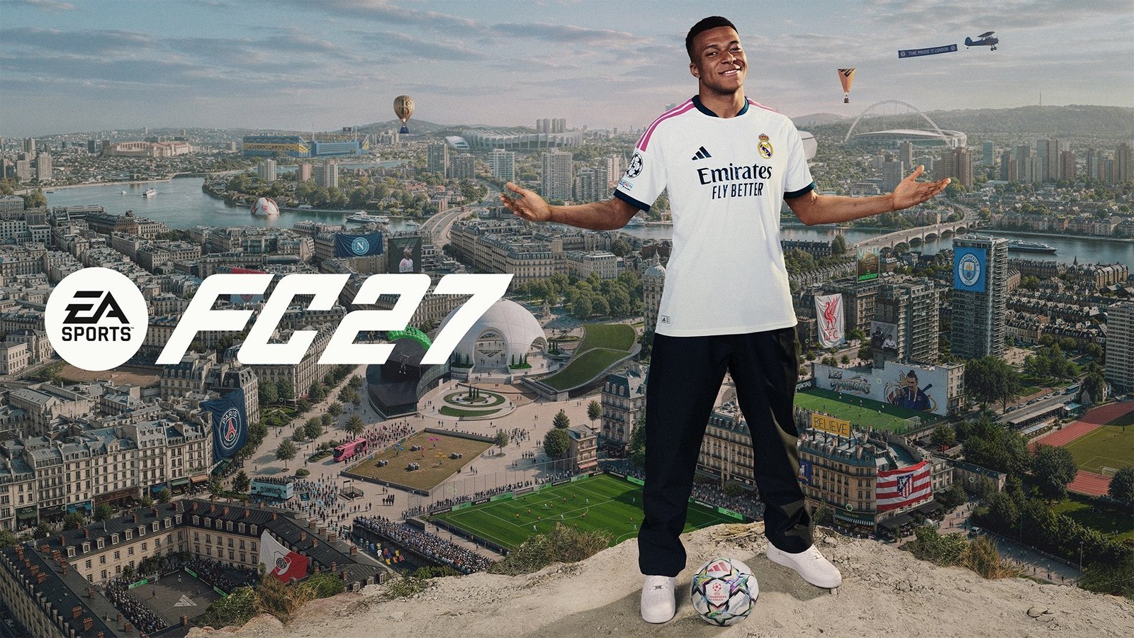 EA Sports FC 27'nin kapak görselinde bir futbolcu şehir manzarası önünde poz veriyor