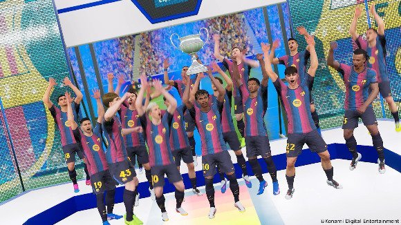 eFootball Kick-Off oyununda oyuncuların yeni Lig Modu'nda şampiyonluk kutlaması yaptığı sahne