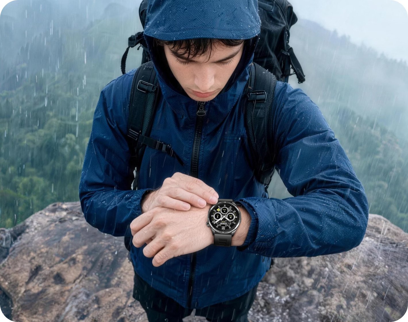 HONOR Watch 6 kullanan bir dağcının bileğindeki saati kontrol etmesi
