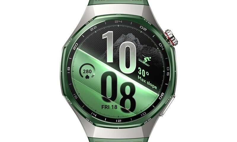 Huawei Watch GT 7 Pro akıllı saatin yeşil kayış ve gümüş kasa detayı