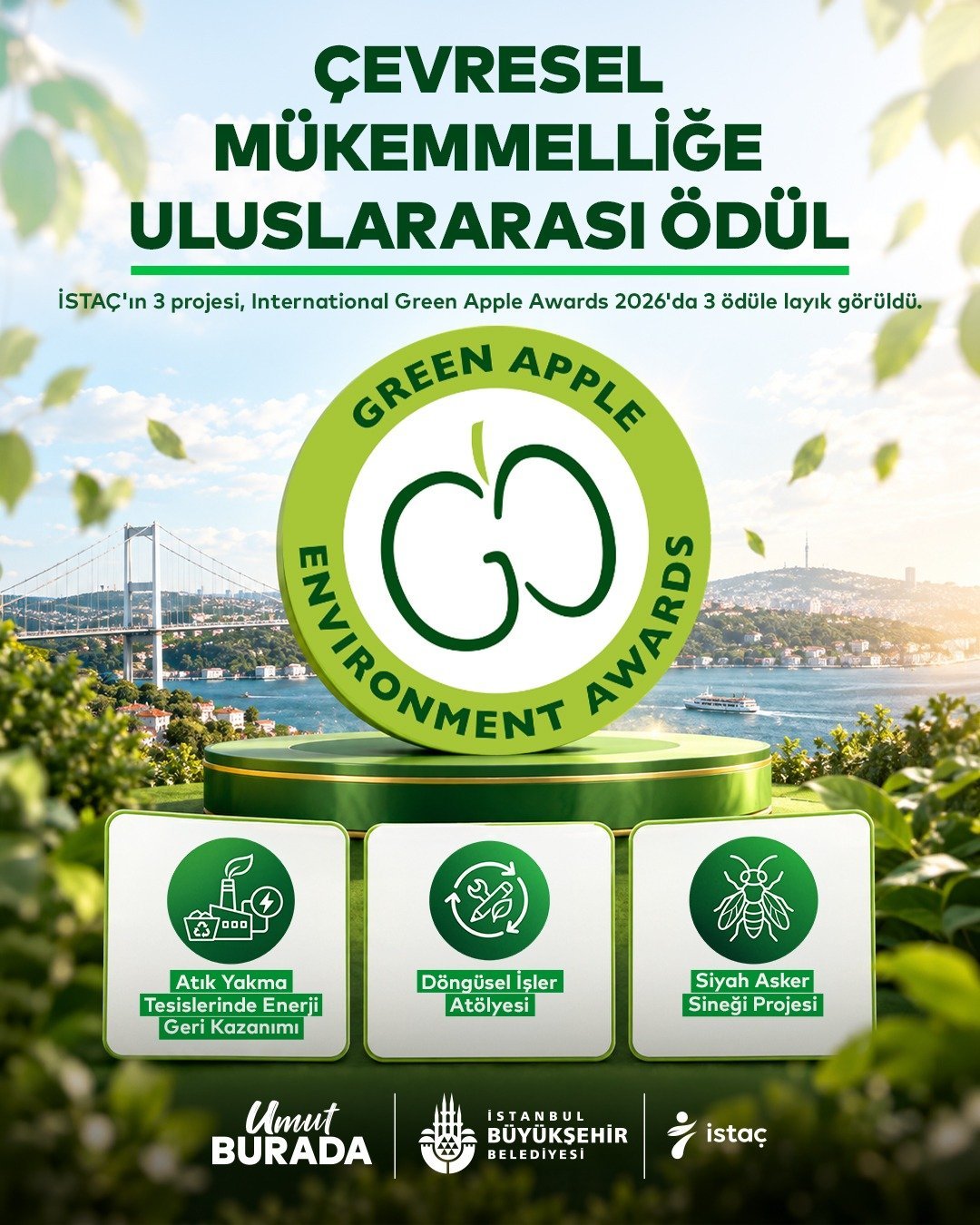 İSTAÇ'ın International Green Apple Environment Awards 2026'da ödül kazanan üç projesini gösteren görsel