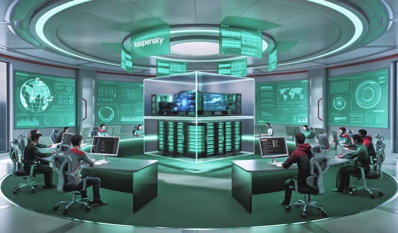 Kaspersky logolu bir siber güvenlik operasyon merkezini betimleyen illüstrasyon