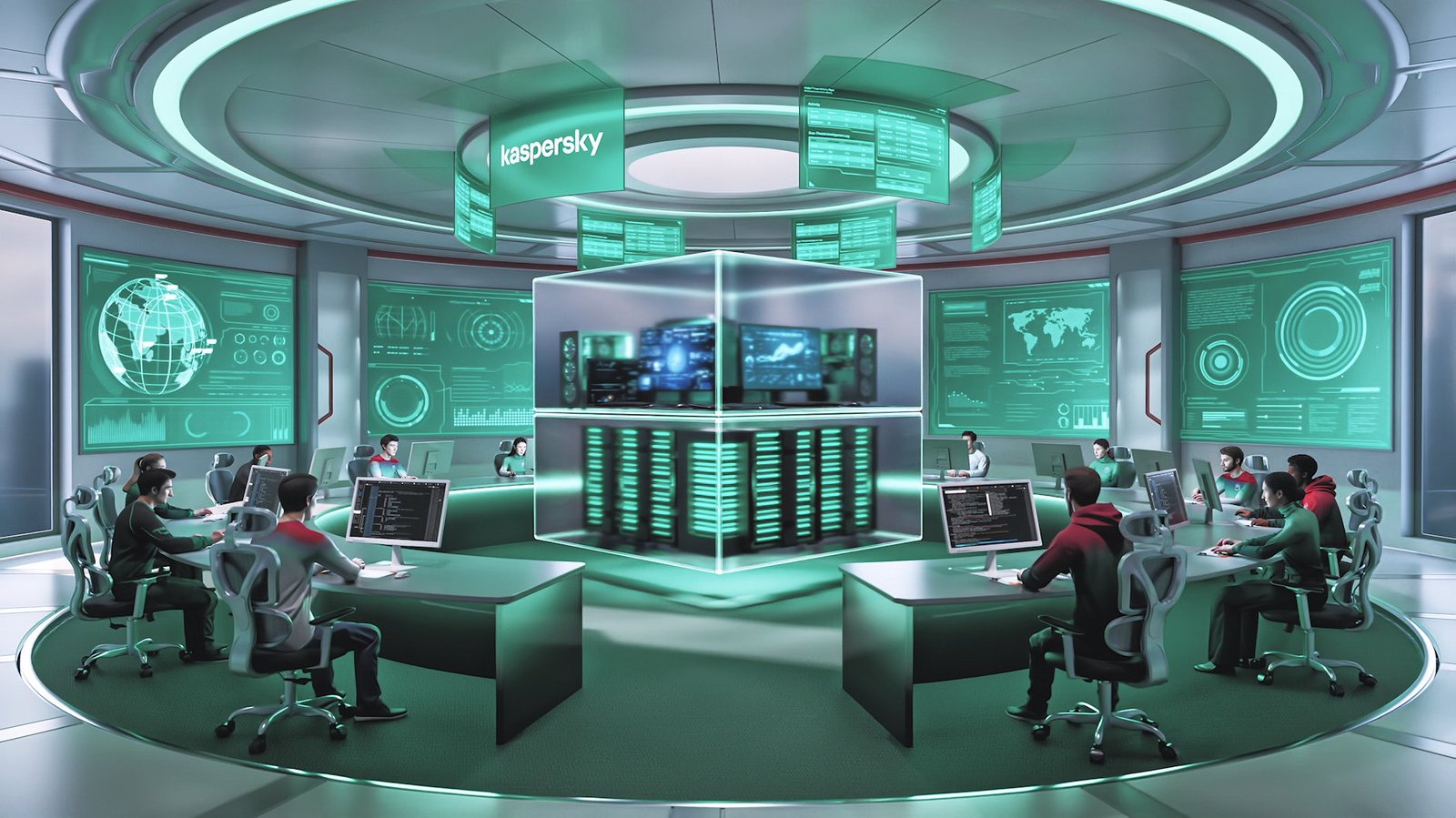 Kaspersky logolu bir siber güvenlik operasyon merkezini betimleyen illüstrasyon