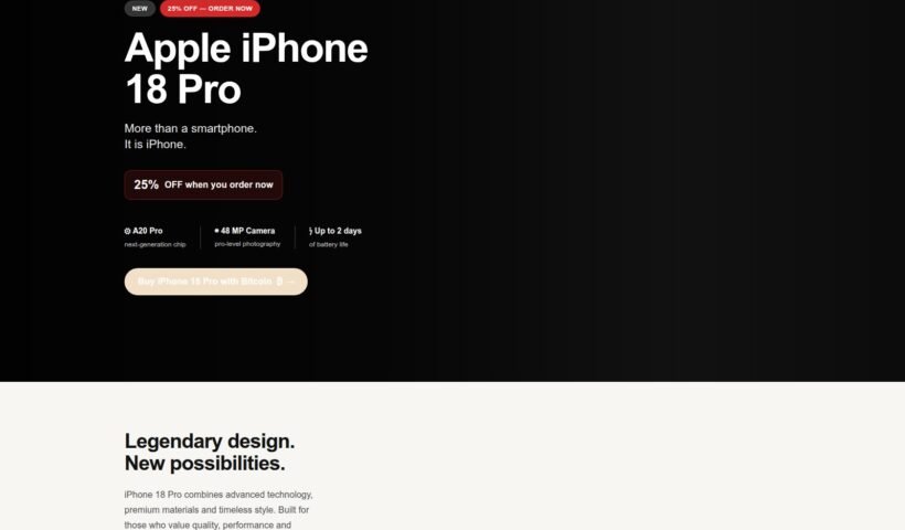Bitcoin ile iPhone 18 Pro satın alma vaadinde bulunan sahte bir alışveriş sitesinin görünümü