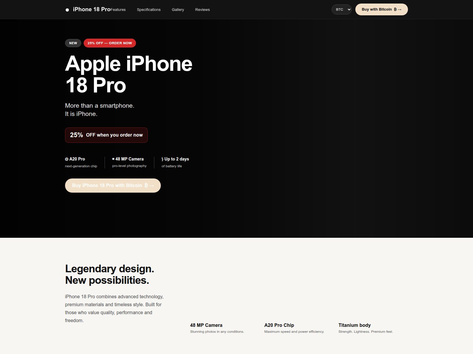 Bitcoin ile iPhone 18 Pro satın alma vaadinde bulunan sahte bir alışveriş sitesinin görünümü