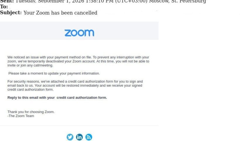 Zoom hesabının askıya alındığını iddia eden sahte oltalama e-postası örneği