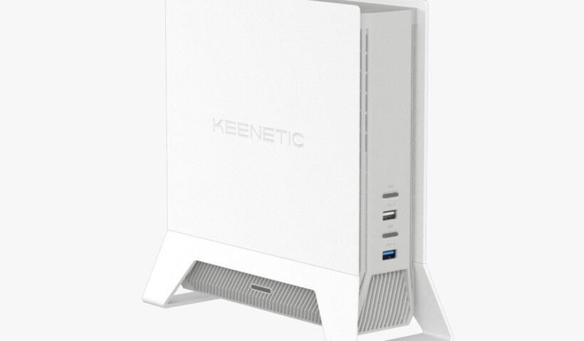 Keenetic Titan SE modem router'ın standı üzerindeki açılı görünümü ve yan taraftaki USB bağlantı noktaları