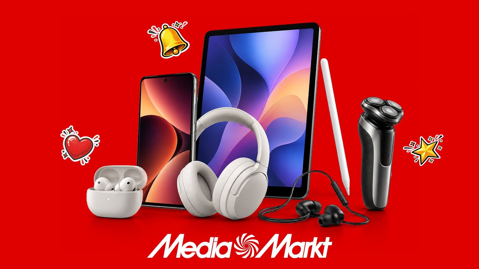 MediaMarkt'ın okula dönüş kampanyasında öne çıkan akıllı telefon, tablet ve kulaklık modellerini gösteren görsel