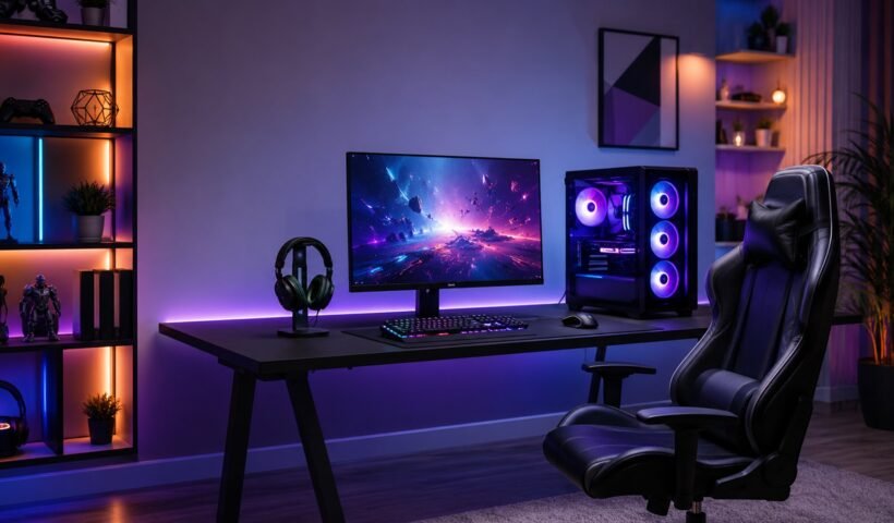 RGB aydınlatmalı bir oyuncu bilgisayarı ve monitörünün bulunduğu karanlık bir oyun odası