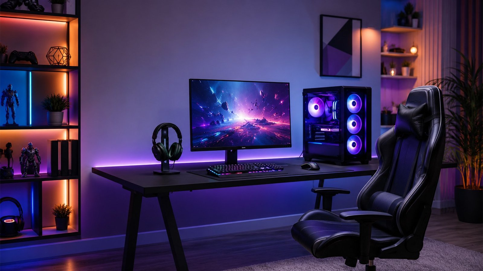 RGB aydınlatmalı bir oyuncu bilgisayarı ve monitörünün bulunduğu karanlık bir oyun odası
