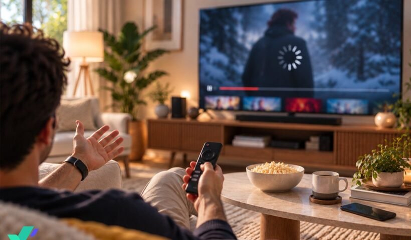 Evinde televizyon karşısında dijital yayın platformunda donma yaşayan bir kullanıcı
