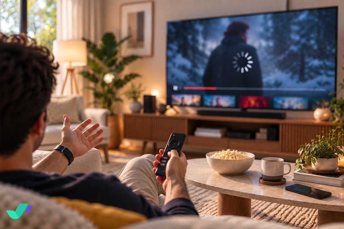 Evinde televizyon karşısında dijital yayın platformunda donma yaşayan bir kullanıcı