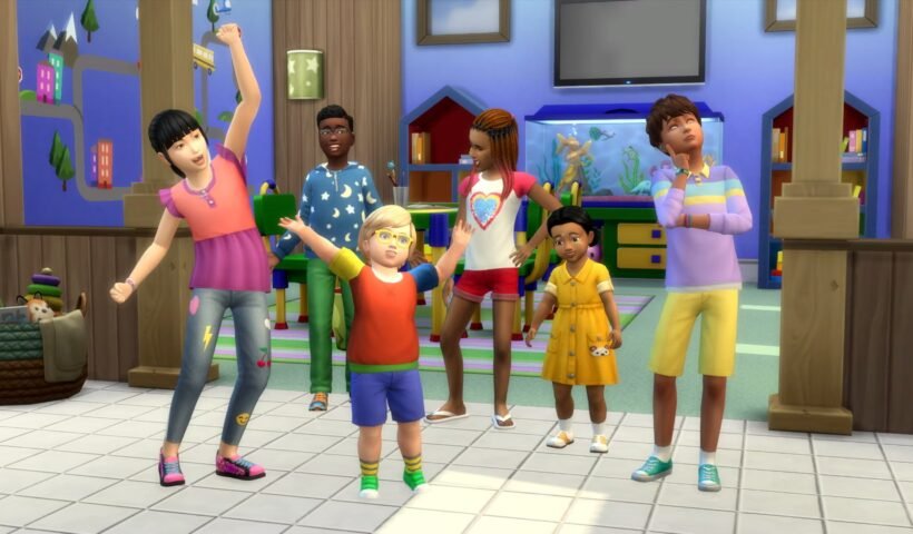The Sims 4'te çocuk Sim'lerin yeni saç stili ve kıyafetleriyle bir arada gösterildiği sahne