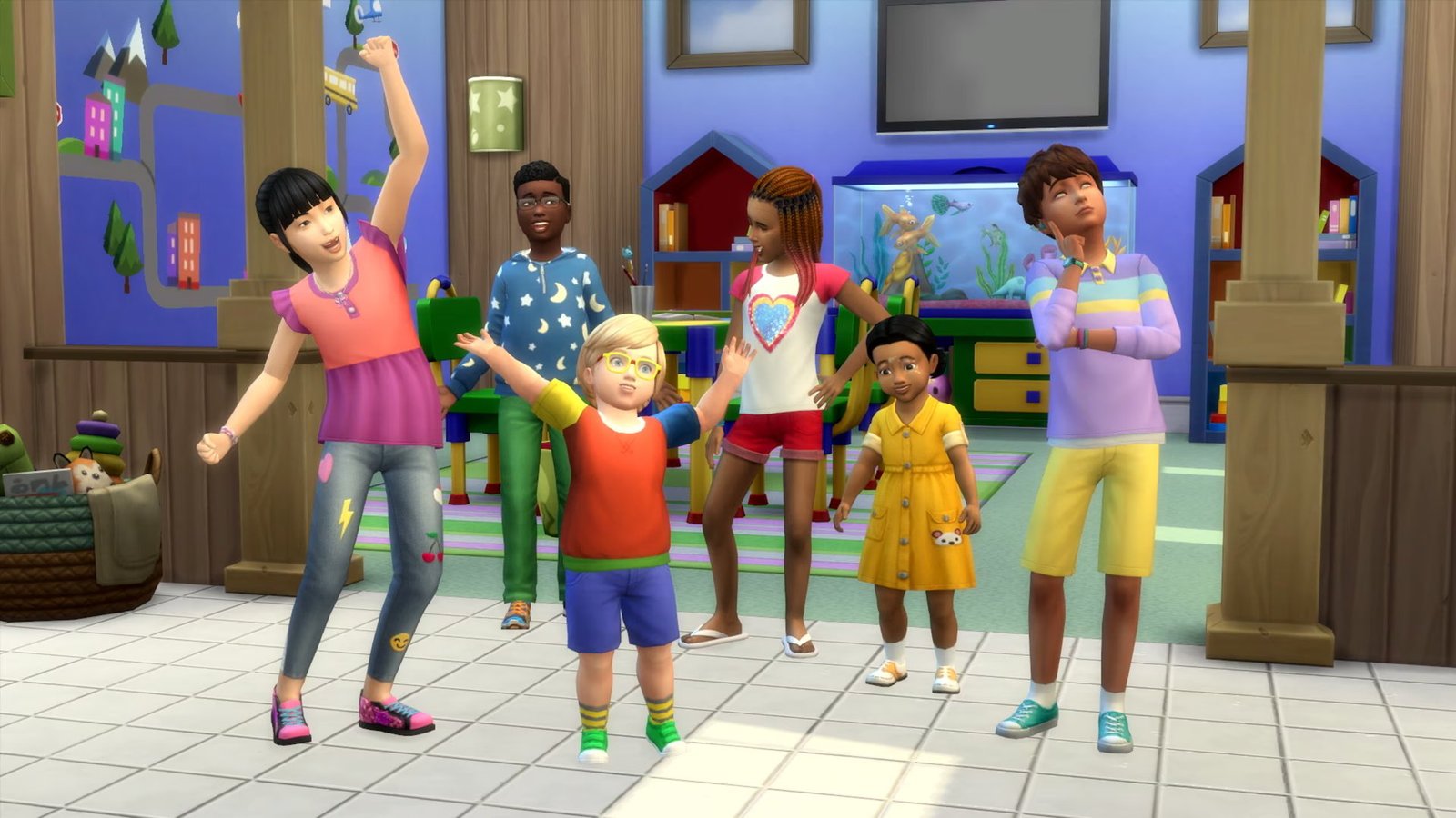 The Sims 4'te çocuk Sim'lerin yeni saç stili ve kıyafetleriyle bir arada gösterildiği sahne