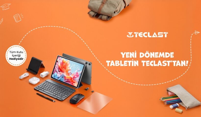 Teclast tablet, klavye ve aksesuar seti turuncu bir zeminde sergileniyor