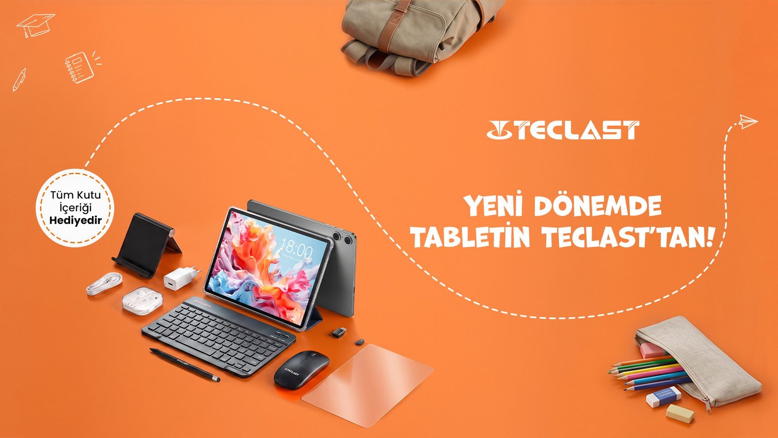 Teclast tablet, klavye ve aksesuar seti turuncu bir zeminde sergileniyor