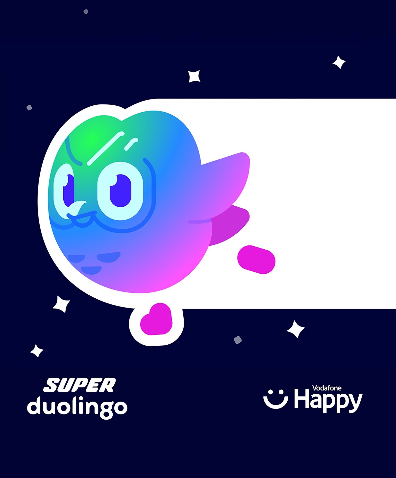 Duolingo'nun baykuş maskotu ve Vodafone Happy logosu, iki markanın iş birliğini simgeliyor