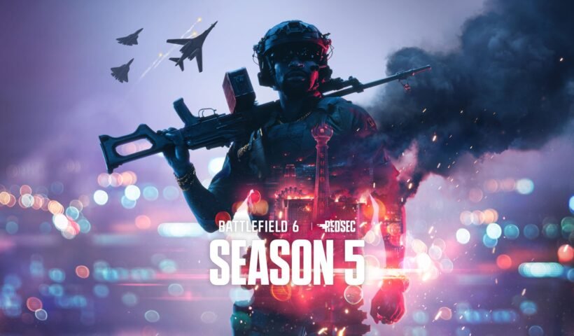 Battlefield 6 ve Battlefield REDSEC'in 5. sezon anahtar görselinde asker figürü ve şehir silüeti