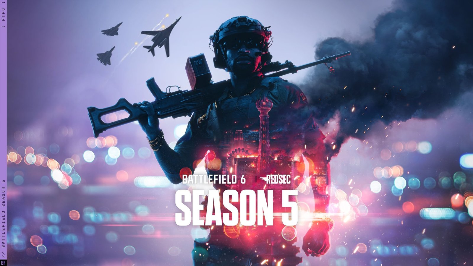 Battlefield 6 ve Battlefield REDSEC'in 5. sezon anahtar görselinde asker figürü ve şehir silüeti