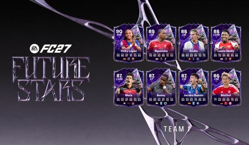 EA Sports FC 27'nin Geleceğin Yıldızları Takım 1 kadrosunu tanıtan kart koleksiyonu