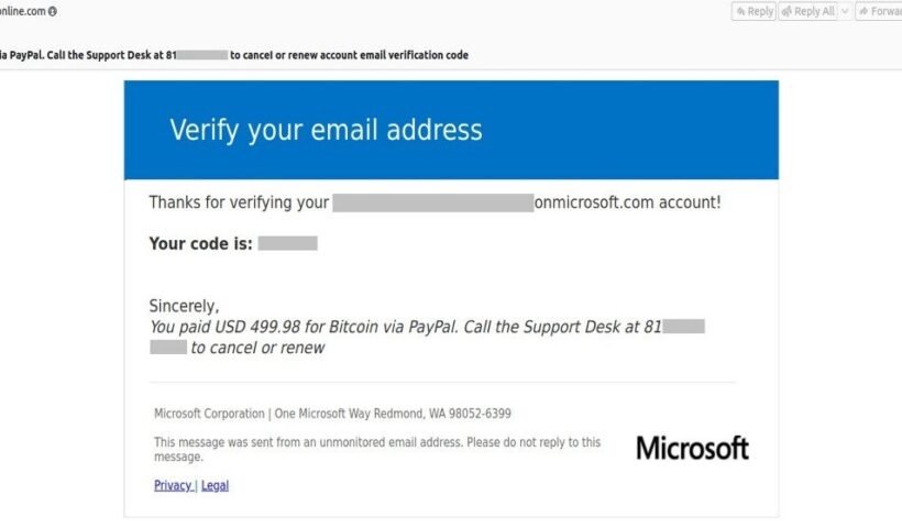 Microsoft hesabı doğrulama koduymuş gibi görünen sahte bir dolandırıcılık e-postası