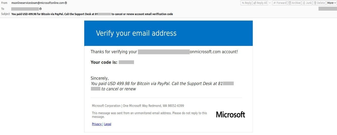 Microsoft hesabı doğrulama koduymuş gibi görünen sahte bir dolandırıcılık e-postası