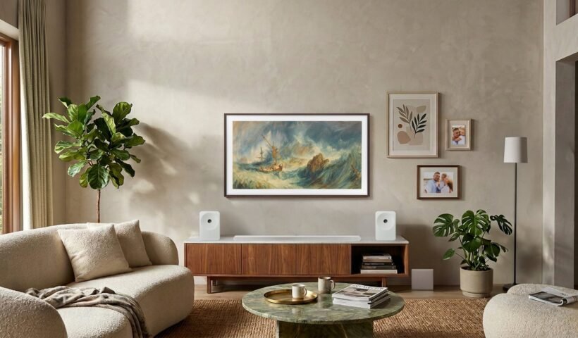Samsung Art Store'da sergilenen bir tablo, oturma odasındaki Samsung TV ekranında yer alıyor