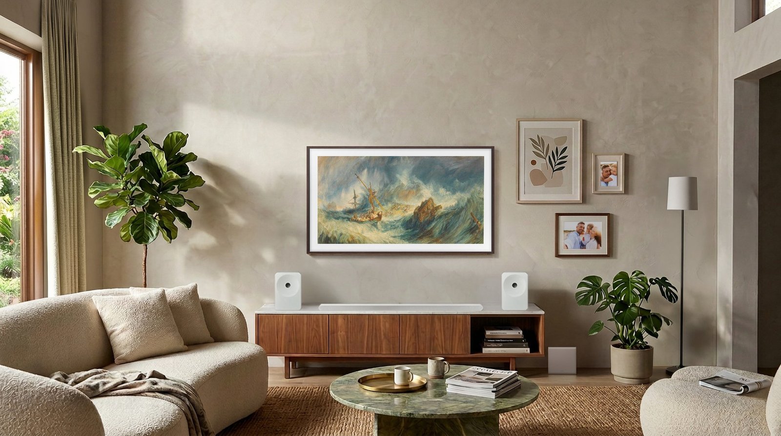 Samsung Art Store'da sergilenen bir tablo, oturma odasındaki Samsung TV ekranında yer alıyor
