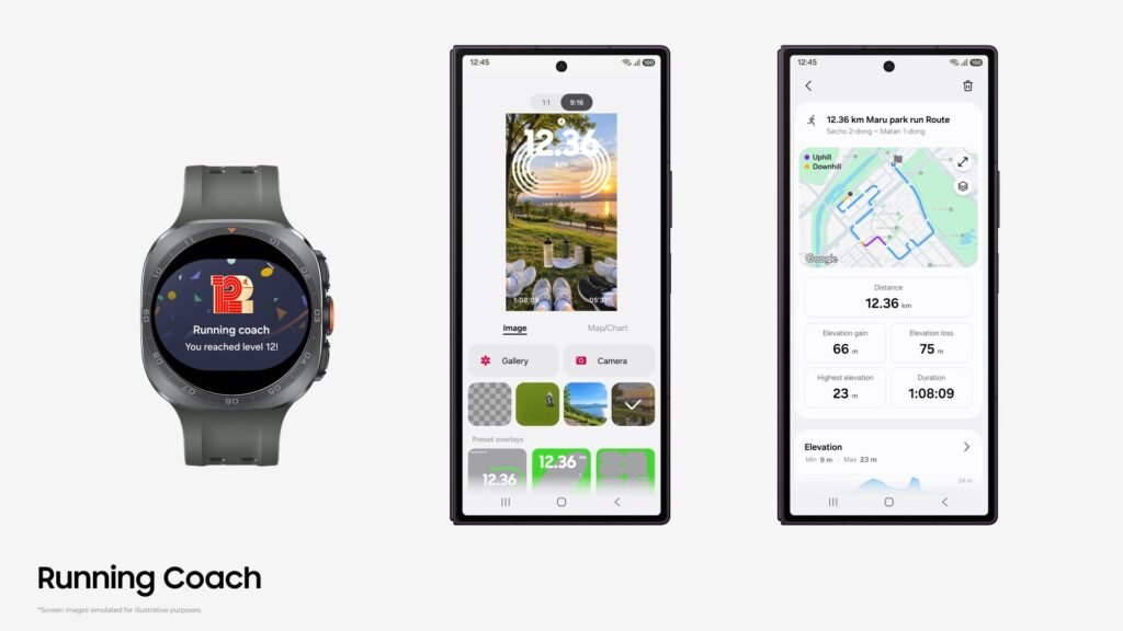 Samsung Health uygulamasında Koşu Koçu özelliğinin antrenman seviyesi ve rota ekranları