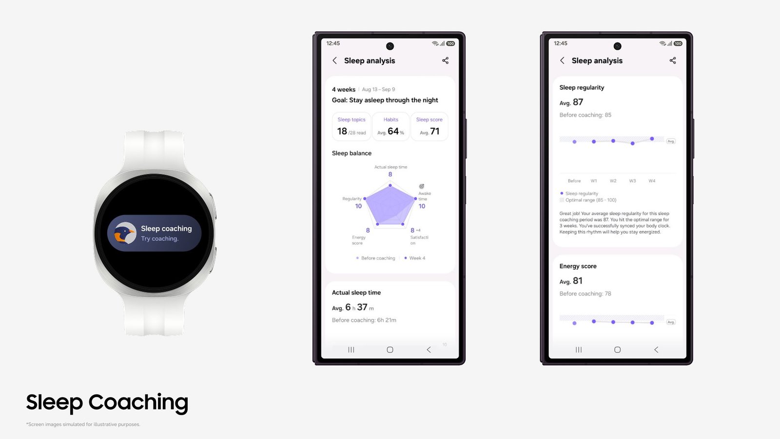 Samsung Health uygulamasında Uyku Koçluğu özelliğinin uyku analizi ve uyku dengesi ekranları