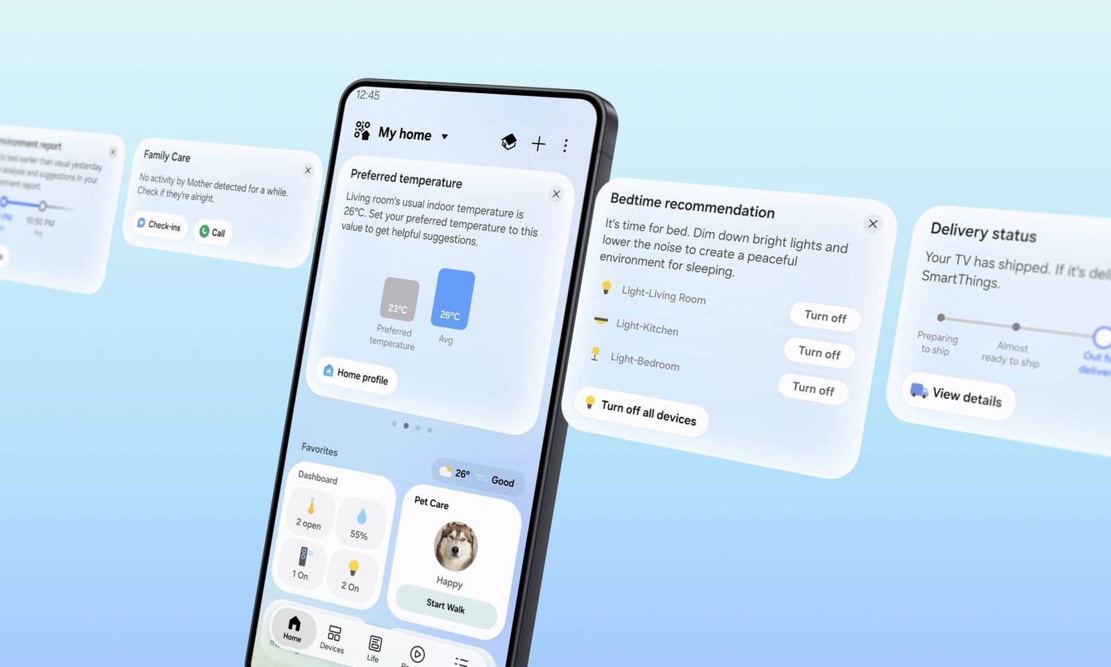 Samsung SmartThings Now uygulamasının yeniden tasarlanan Ana Sayfa ekranı