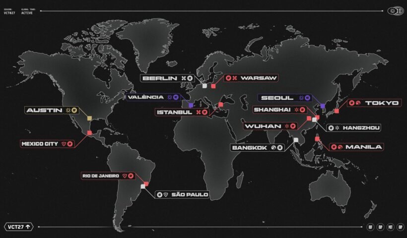 VALORANT Champions Tour 2027'nin dünya genelindeki turnuva şehirlerini gösteren harita
